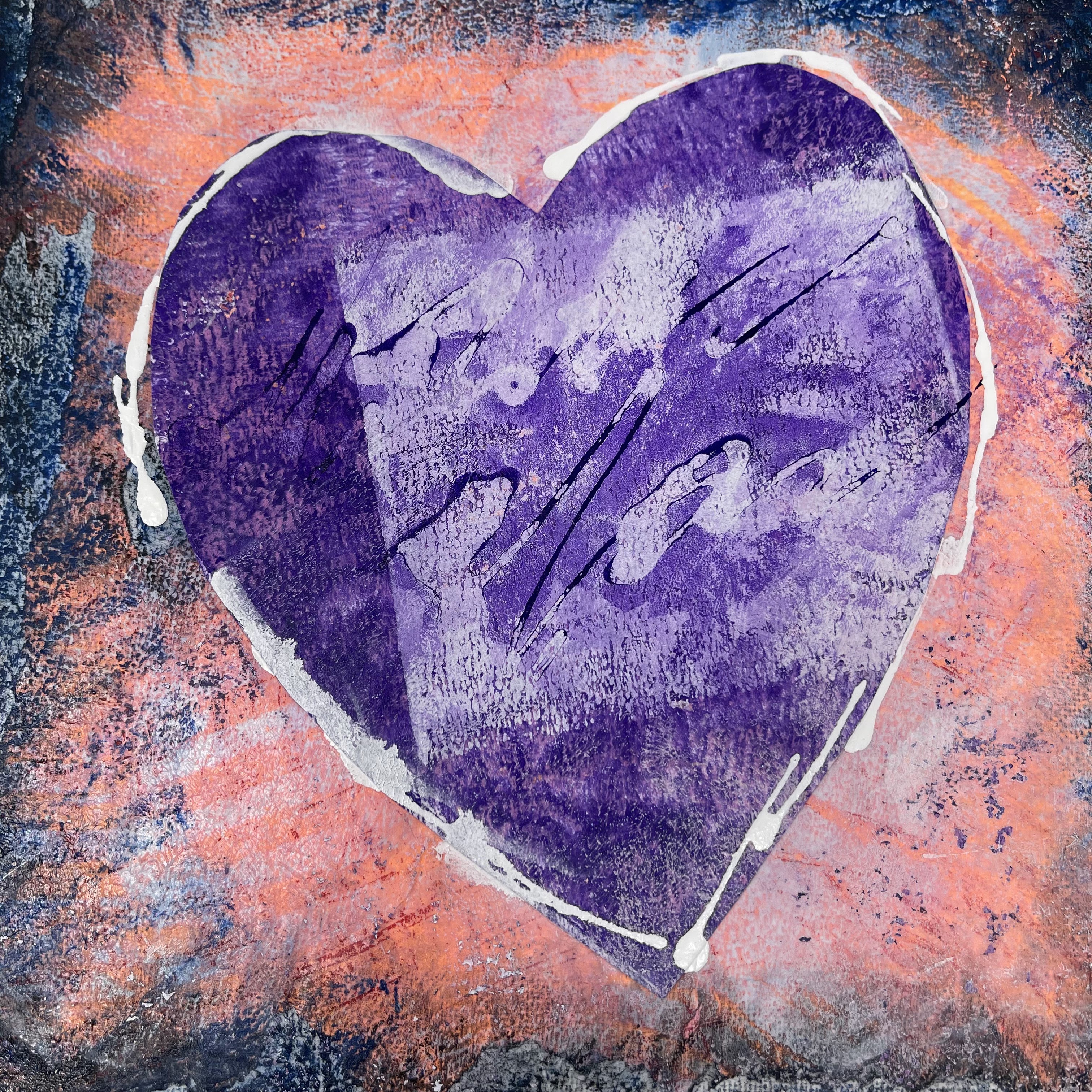 #12 Purple paper heart on orange background with dark black and blue border. On canvas. 8x8x0.5"