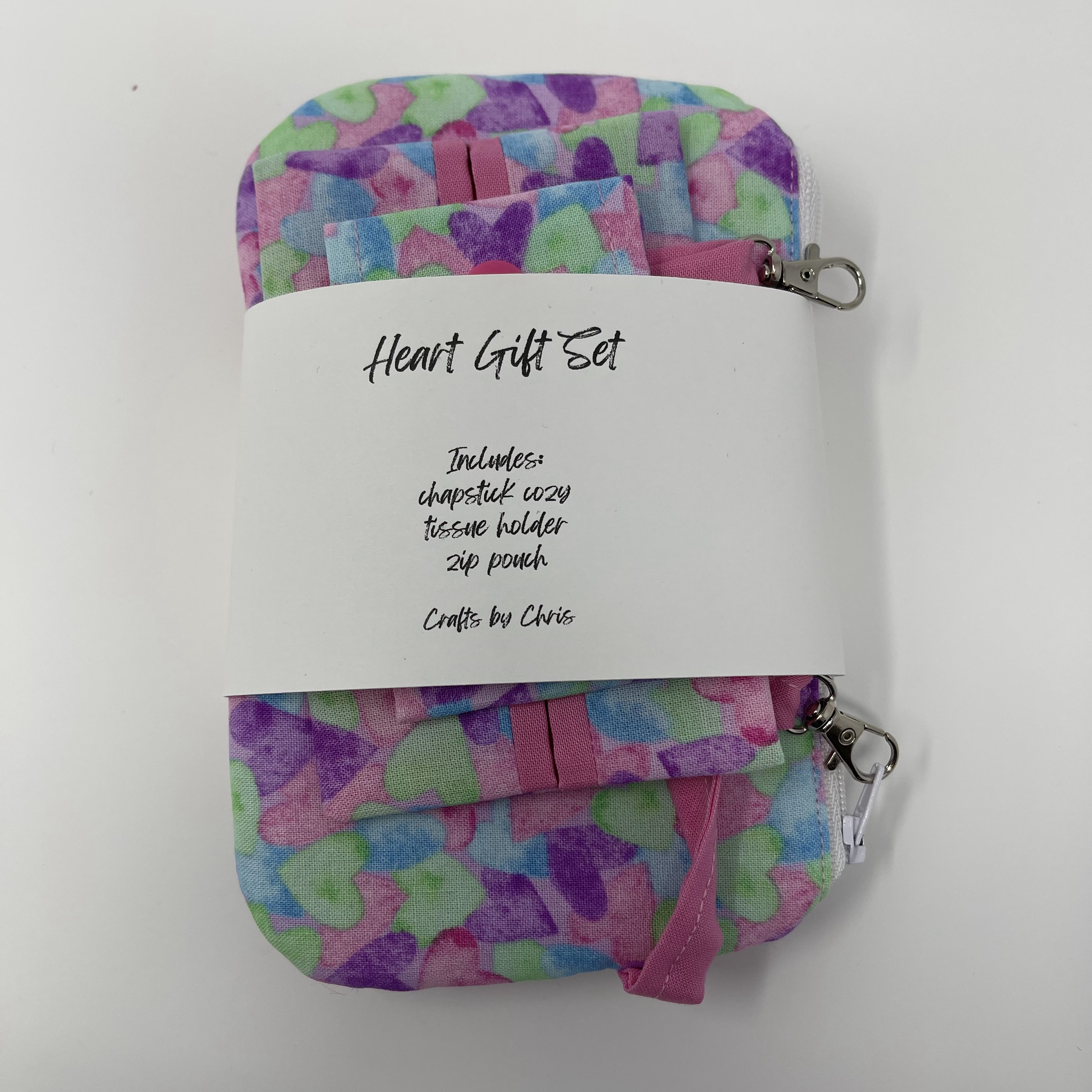 #15 Heart Gift Set: chapstick cozy, tissue holder, and zip pouch. Made of multicolored heart-print cotton. 7x5x1"