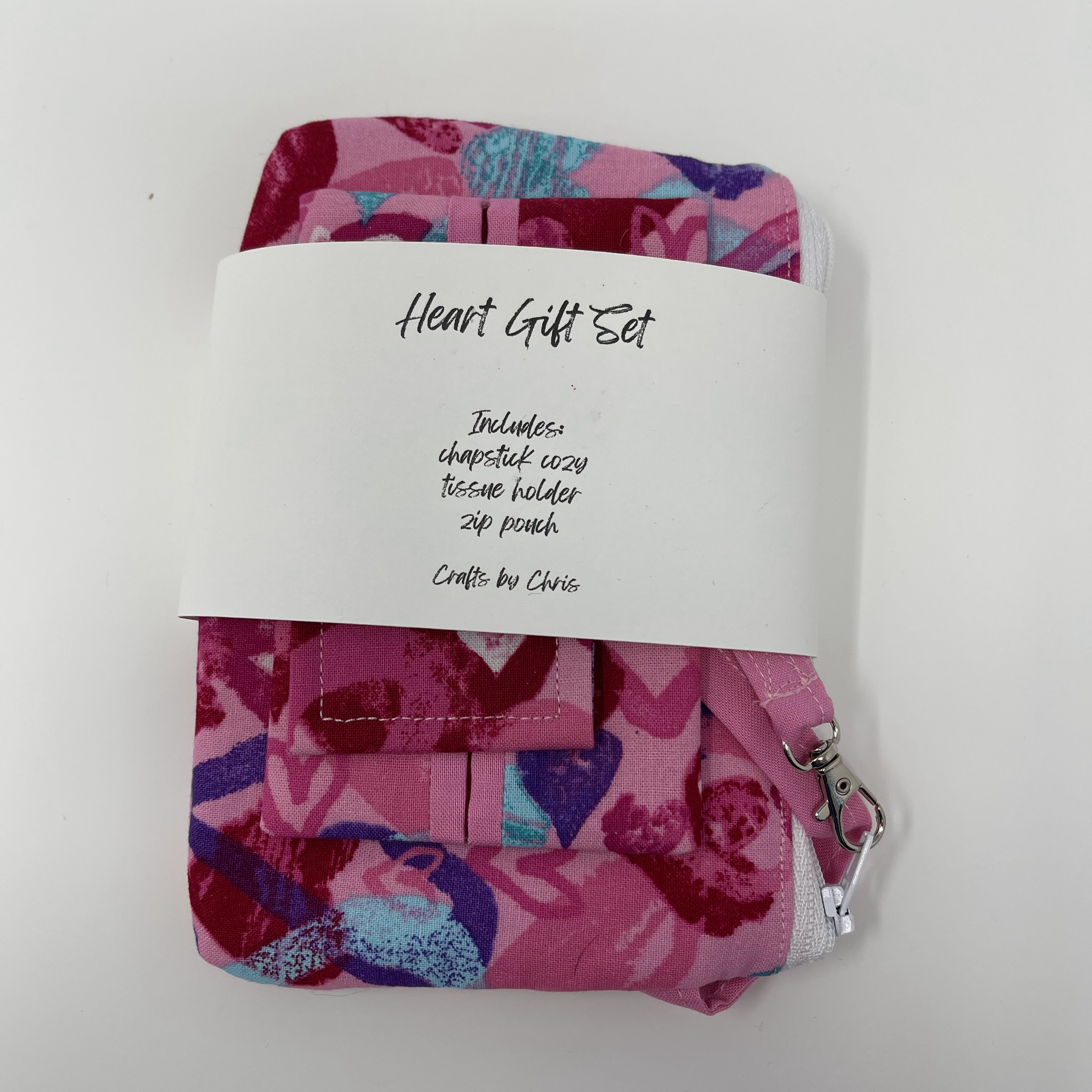 #16 Heart Gift Set: chapstick cozy, tissue holder, and zip pouch. Made of pink heart-print cotton. 7x5x1"