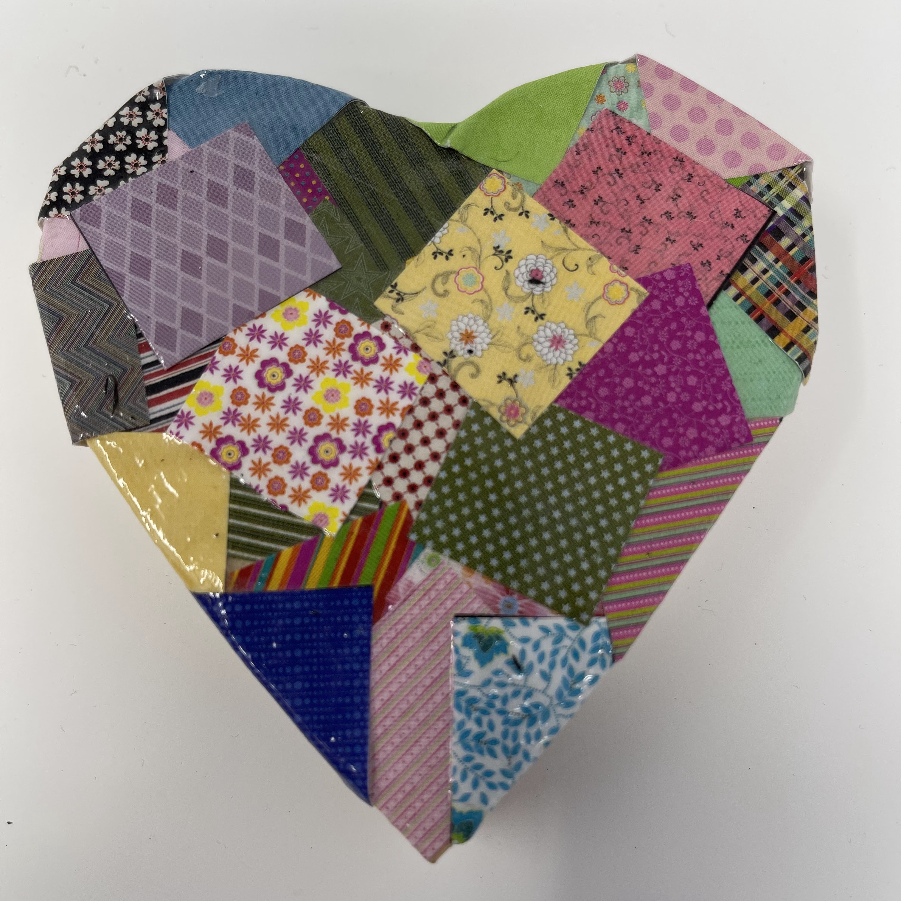 #22 Wood heart decoupaged with multicolored patterned squares. 4x4x1"