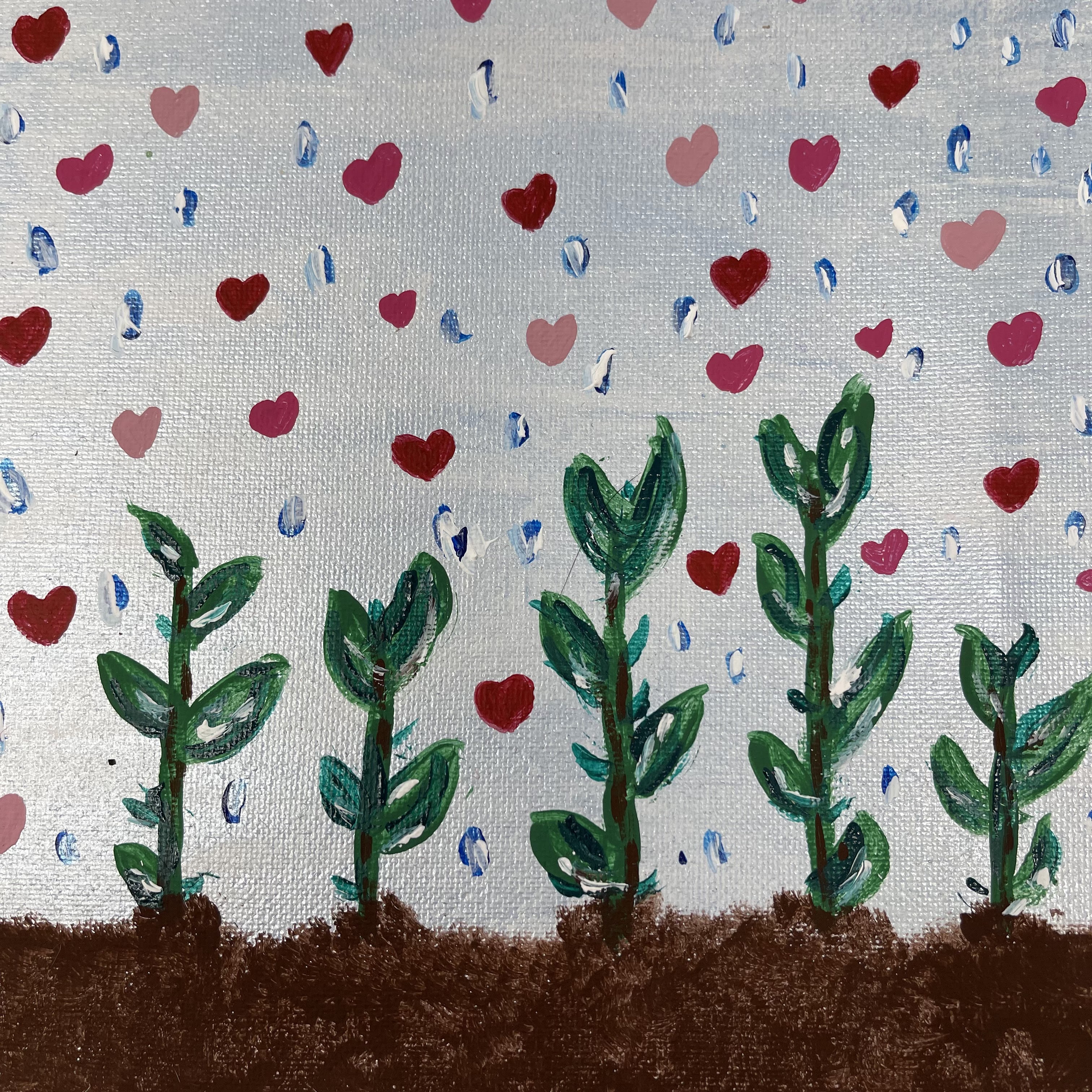 #27 Painting of 5 plants being rained on by red and pink hearts. 8x8x1"