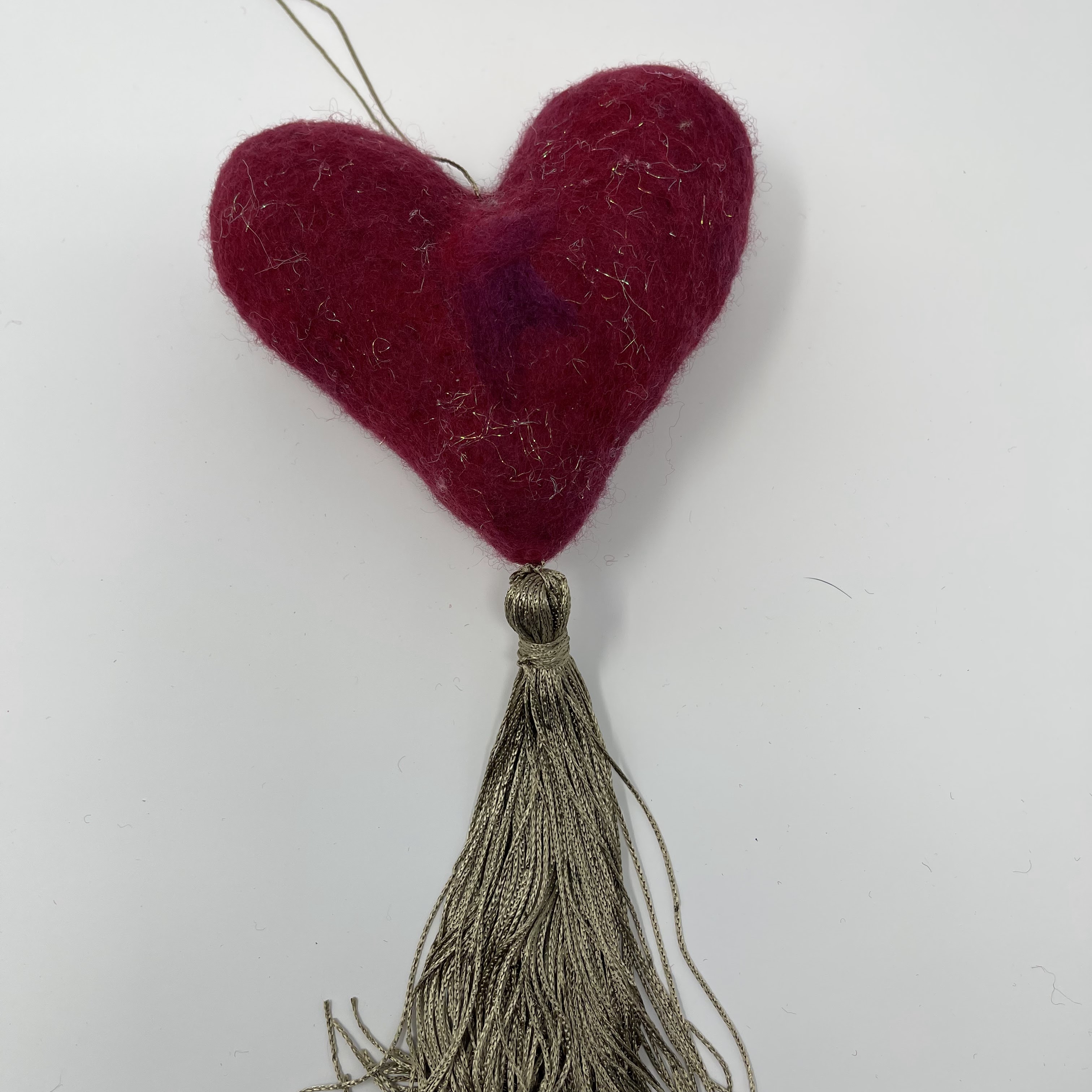 #30 Stuffed felted red and sparkly heart with bronze thread tassle. 13x5x2"