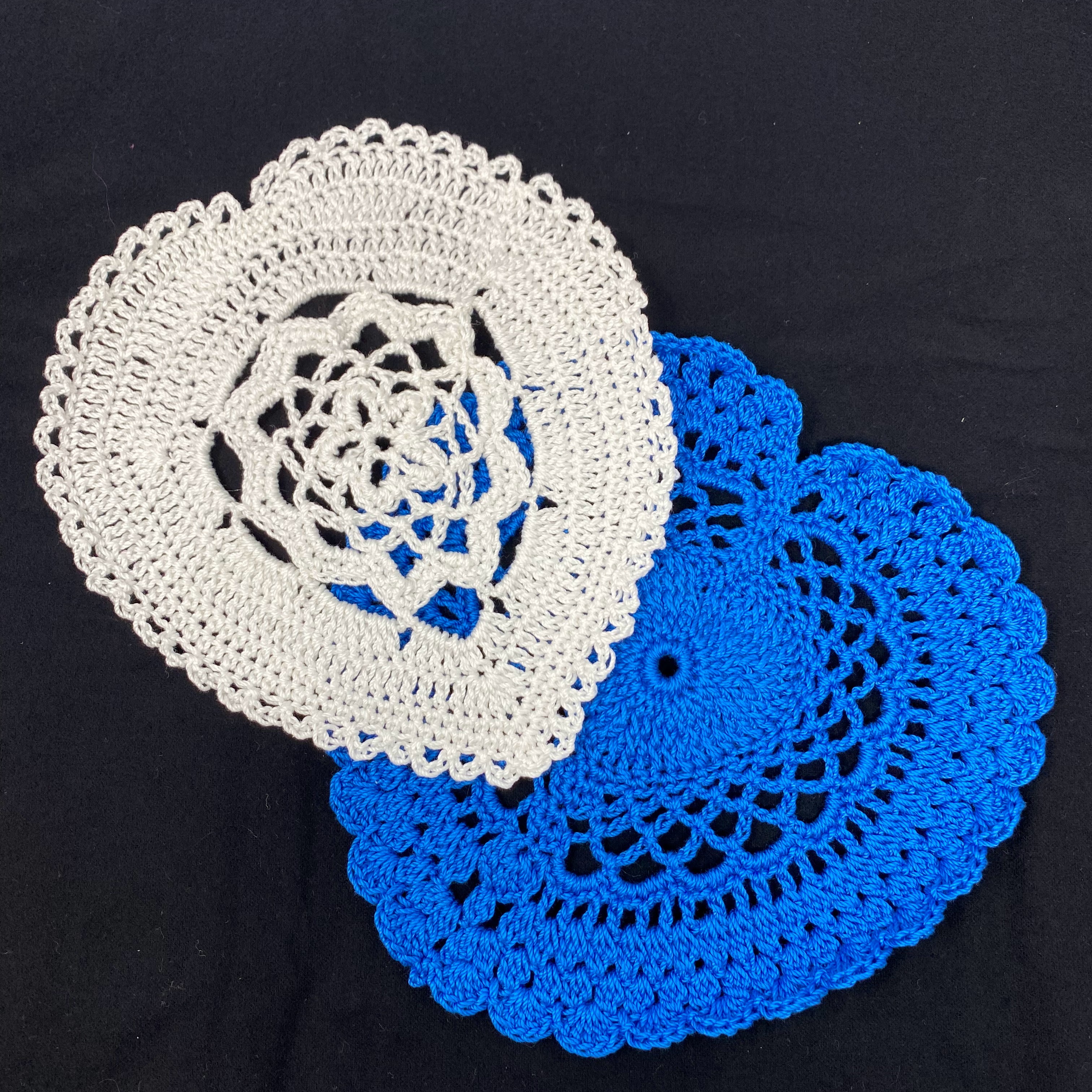 #34 Crocheted lace heart doilies in blue and white