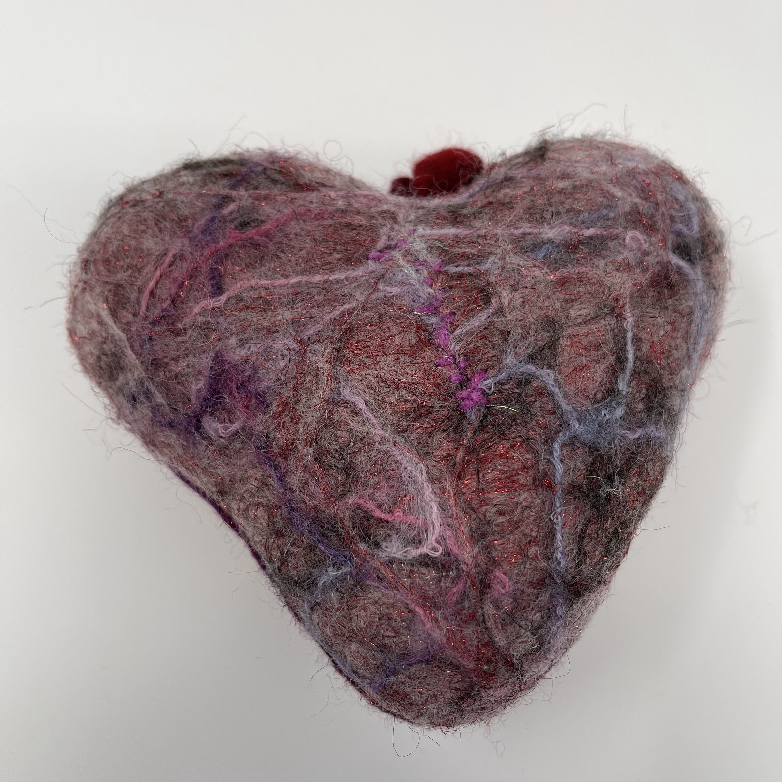 #42 Stuffed felted heart. Pink with sparkle thread. 6x6x3"