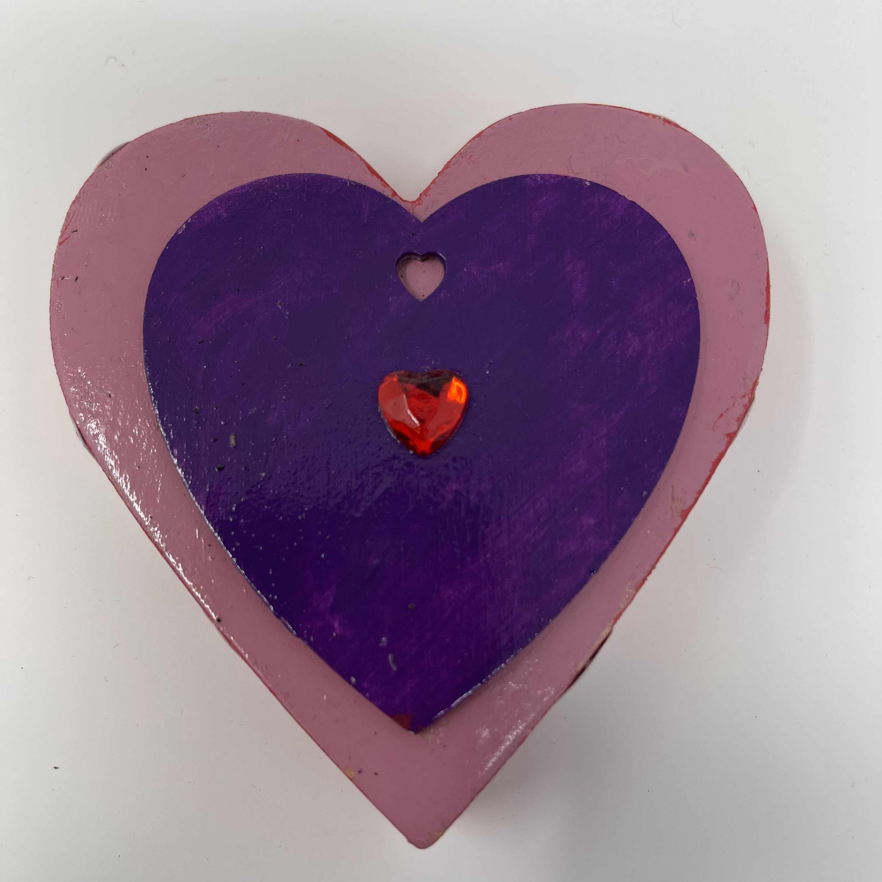 #47 Purple wood mounted on pink wood heart and red gem with heart decoupage on the side. 4x4x1"