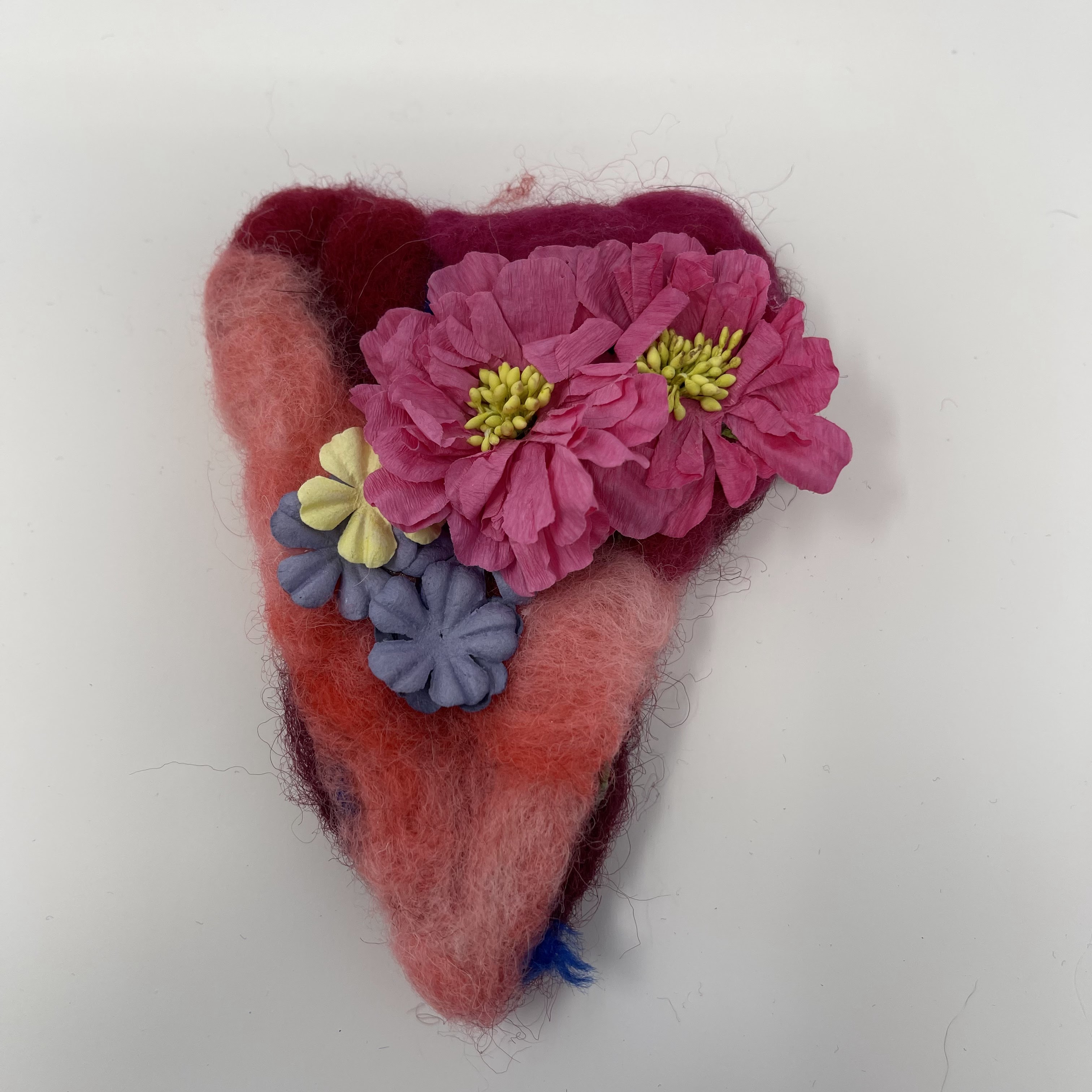 #48 Needle felted red,pink, purple heart with flowers. 5x4x1"