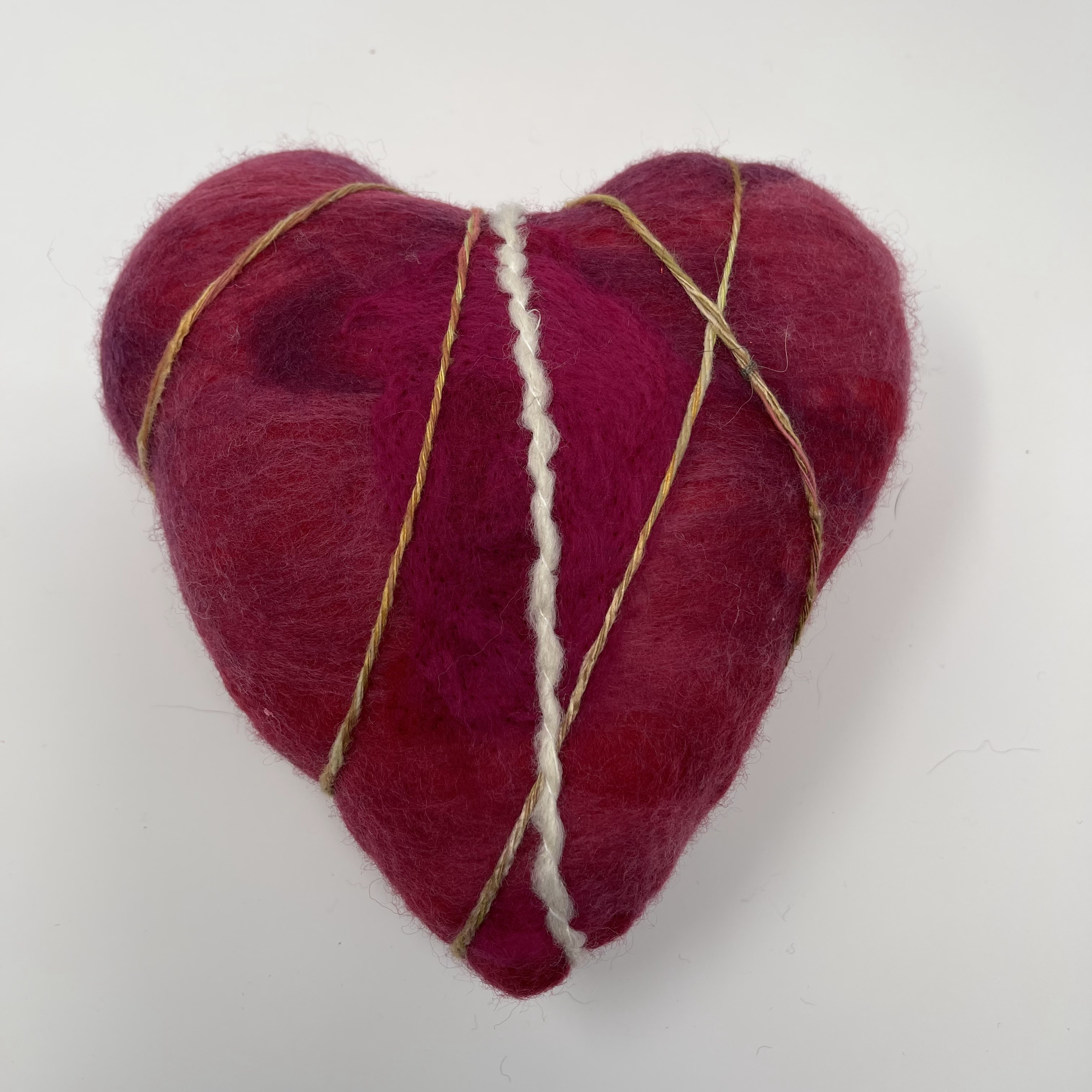 #49 Stuffed felted heart. white and beige string. 8x8x4"