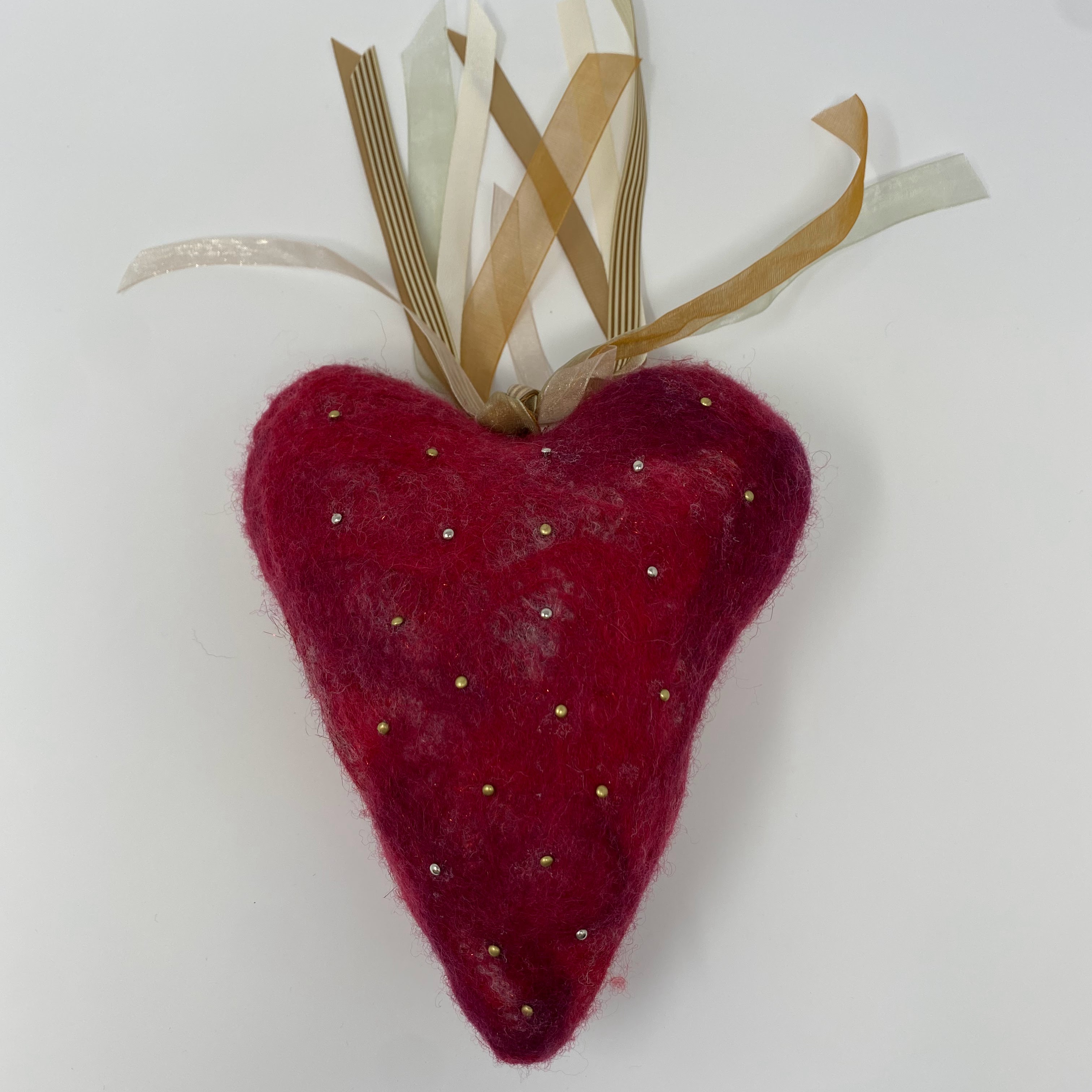 #53 Red felted heart with metallic beads and gold ribbon