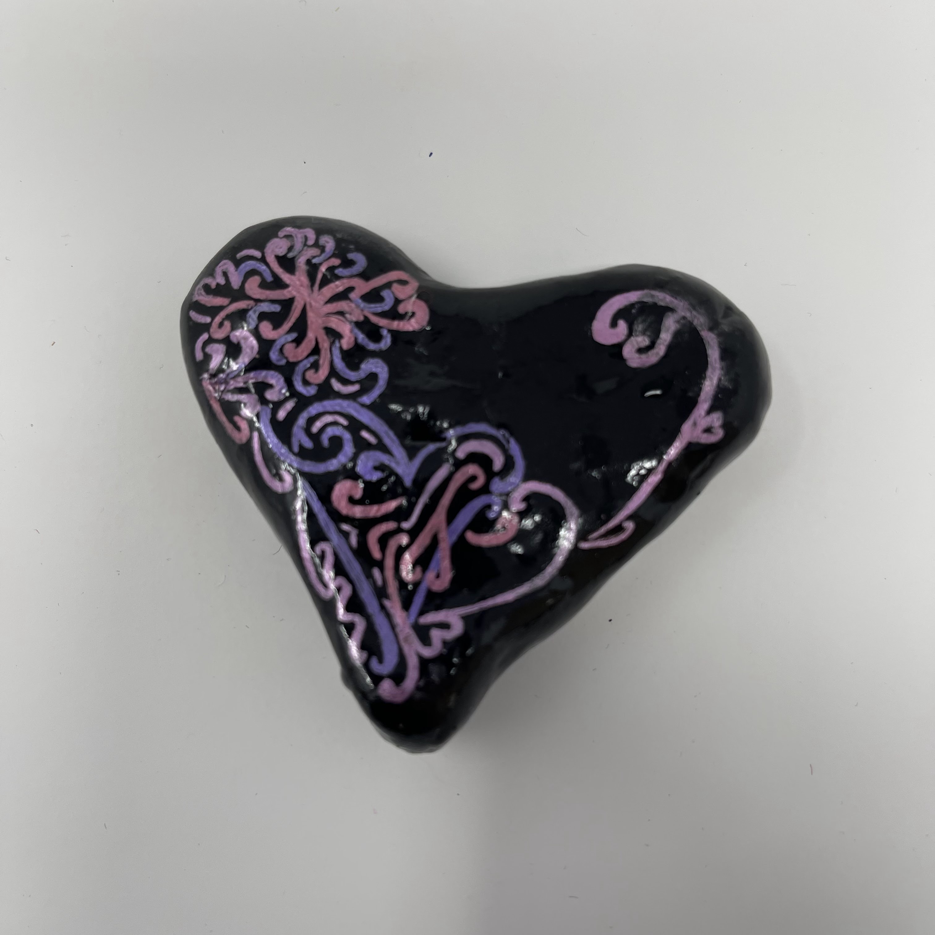 #71 Black air-dry clay heart with metallic ink designs