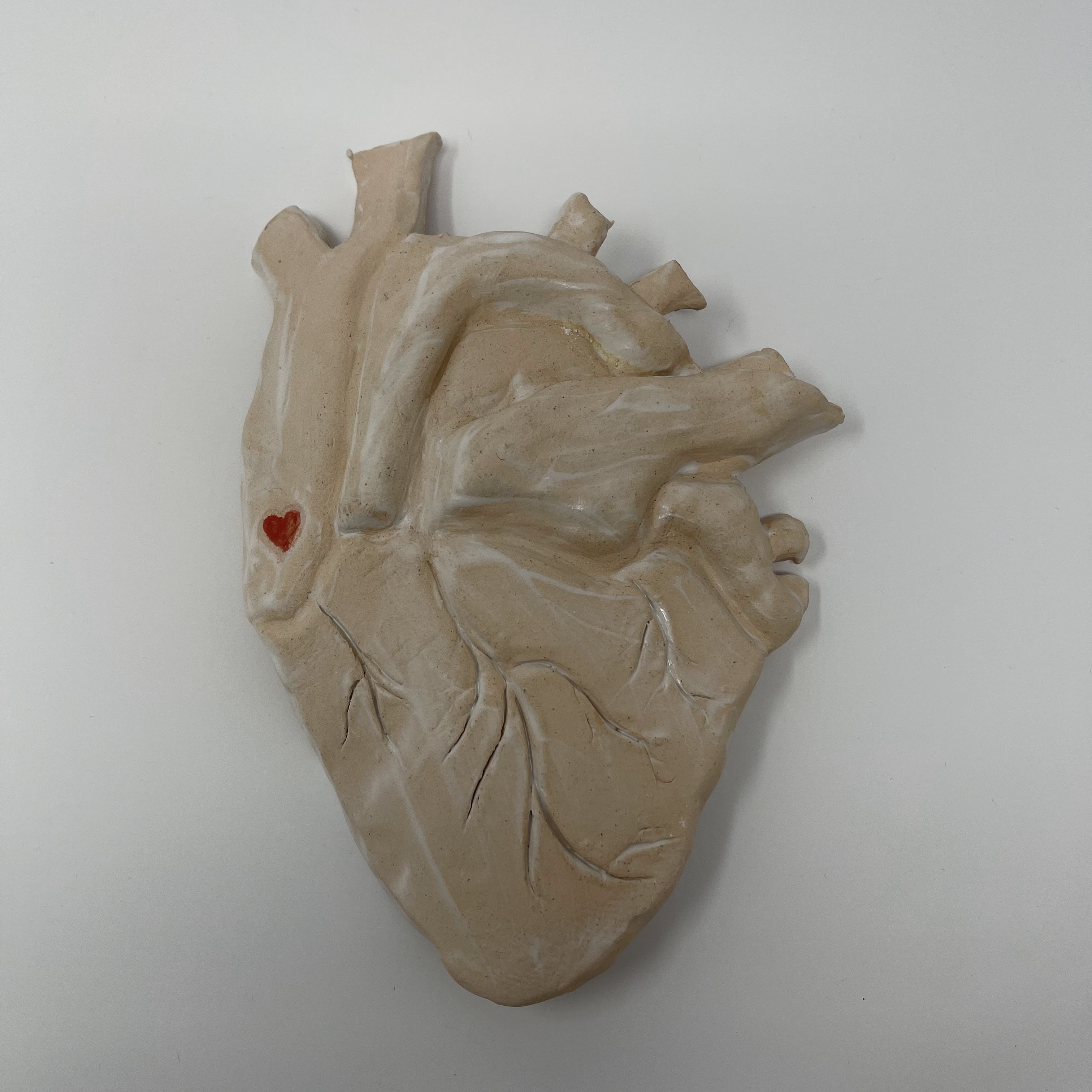 #72 Ceramic unglazed anatomical clay heart with red heart embellishment