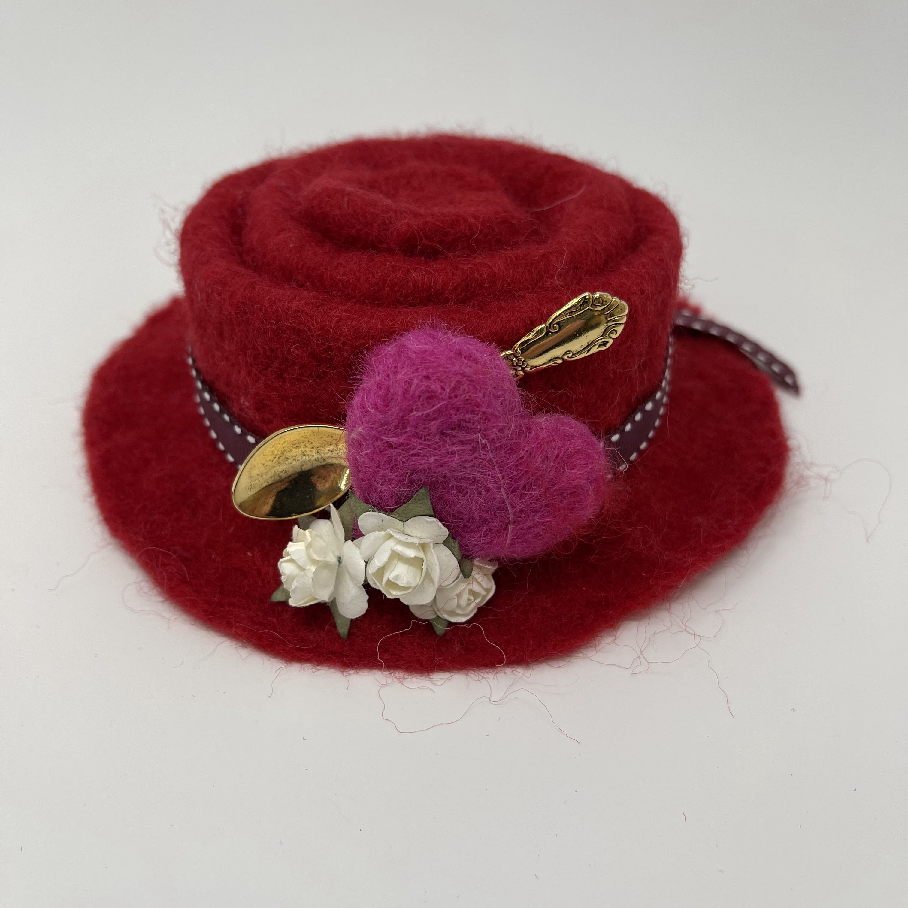 #79 Canine tea hat or fascinator, red felt, felted heart, spoon, ribbon ( Guide dog not included )